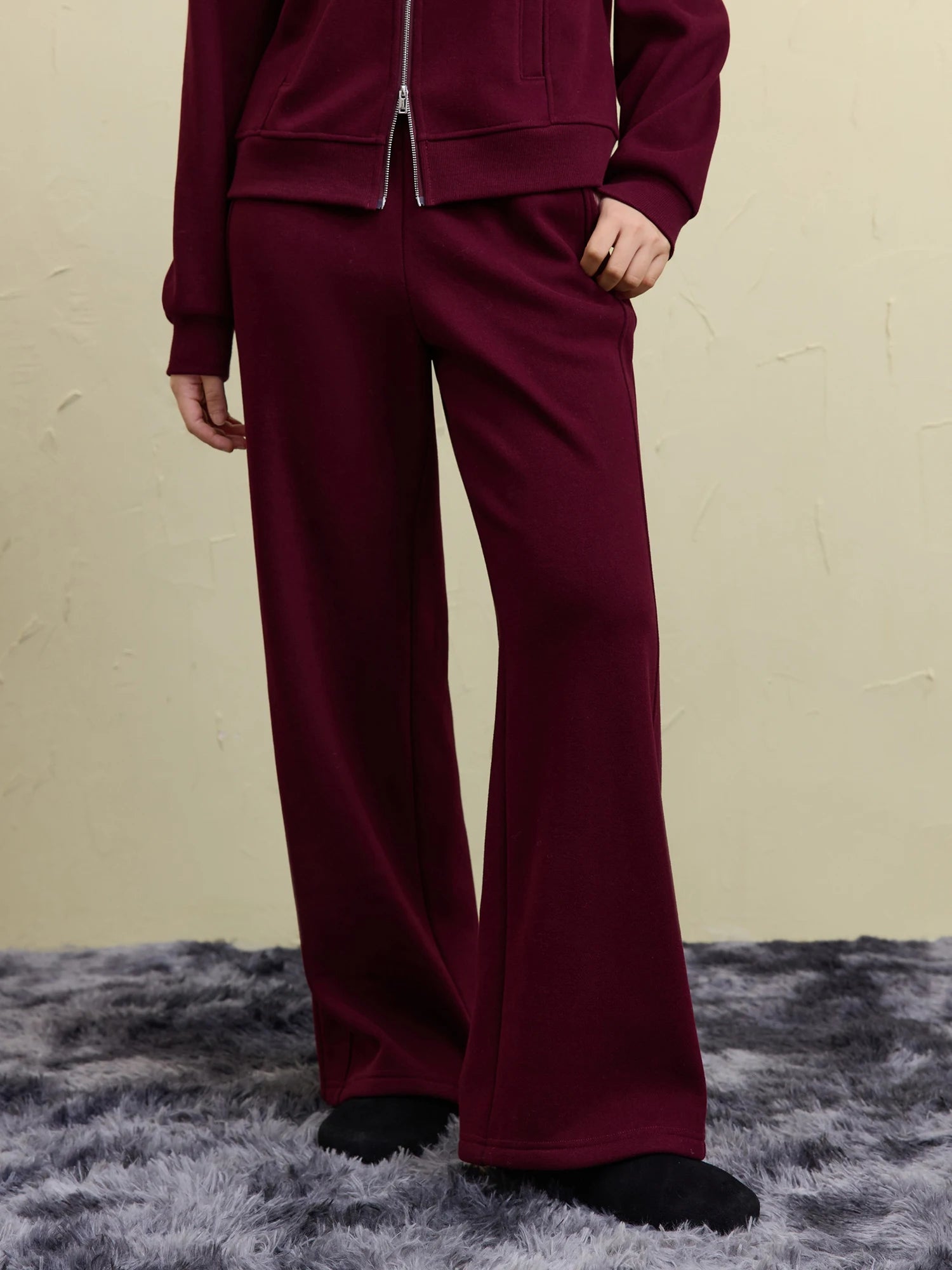 DUSHU Women Sweatshirt Pant Sets Dark Red Hoodies Coat Elastic Waist Long Trousers Apricot Winter Thick Sets 24DS84596＋24DS84618