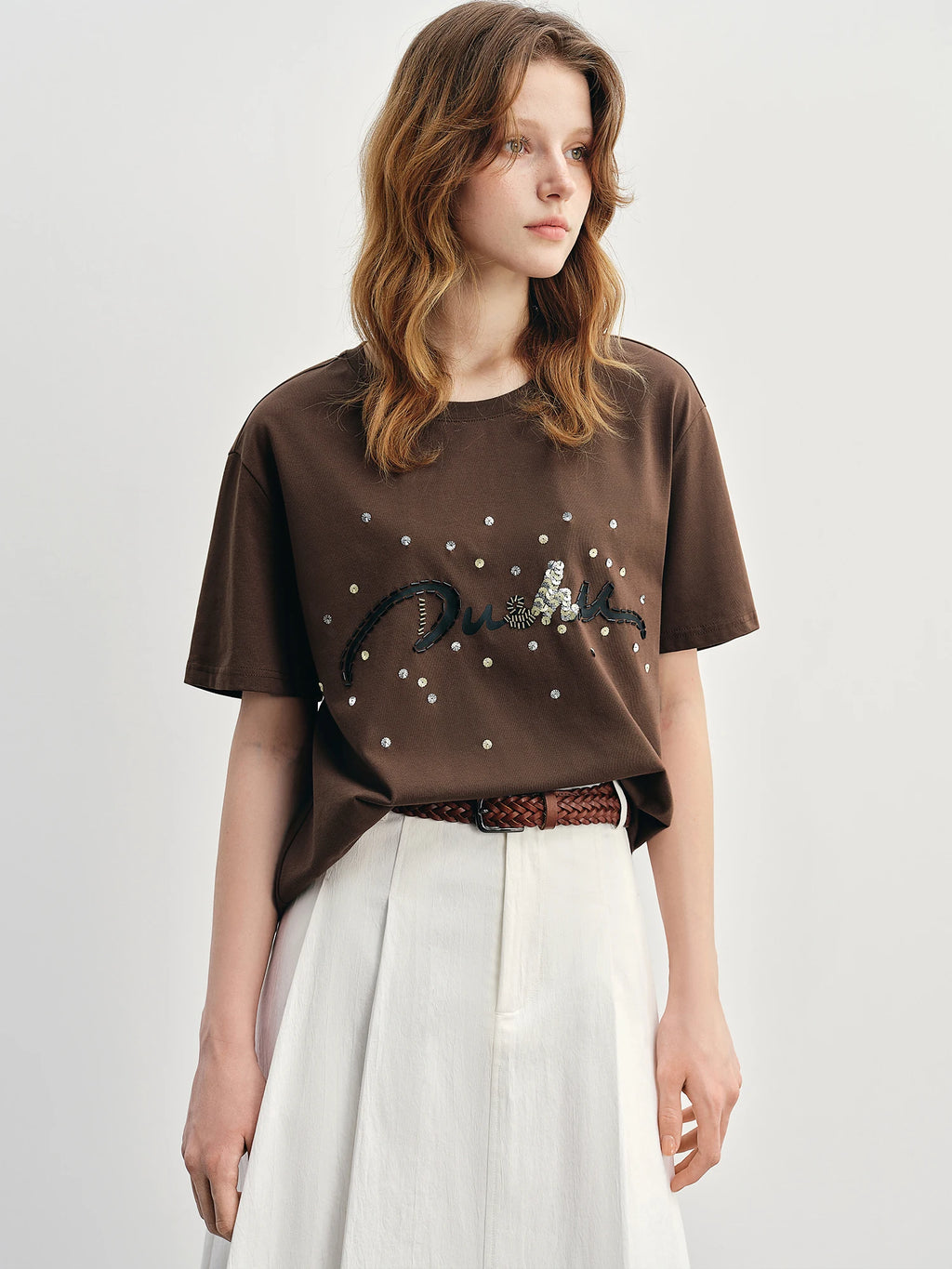 FSLE Summer 2025 Letter Print T-Shirt - Beaded Detail Round Neck Loose Fit Casual Top Women Fashion