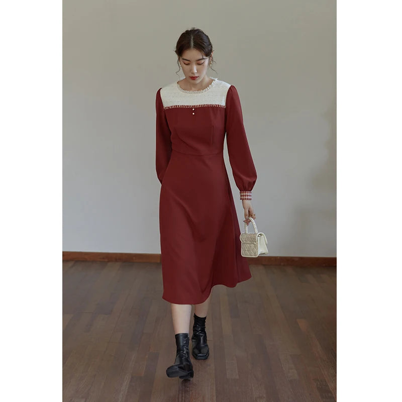 DUSHU Women's Winter Retro Red Stitching Dress Long Polo Neck Belt A-line Skirt Women Bow Neckline Design Thick Bottoming Dress
