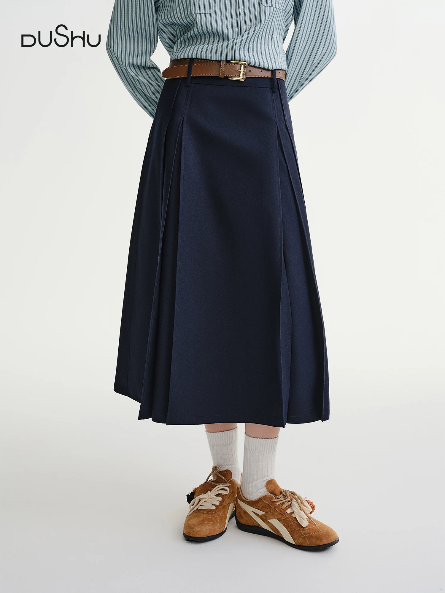 DUSHU Plus-size Women's Deep Blue Gathered Commute High-waisted Pleated Skirt Winter 2025, Perfect for Curvy Figures Women Skirt