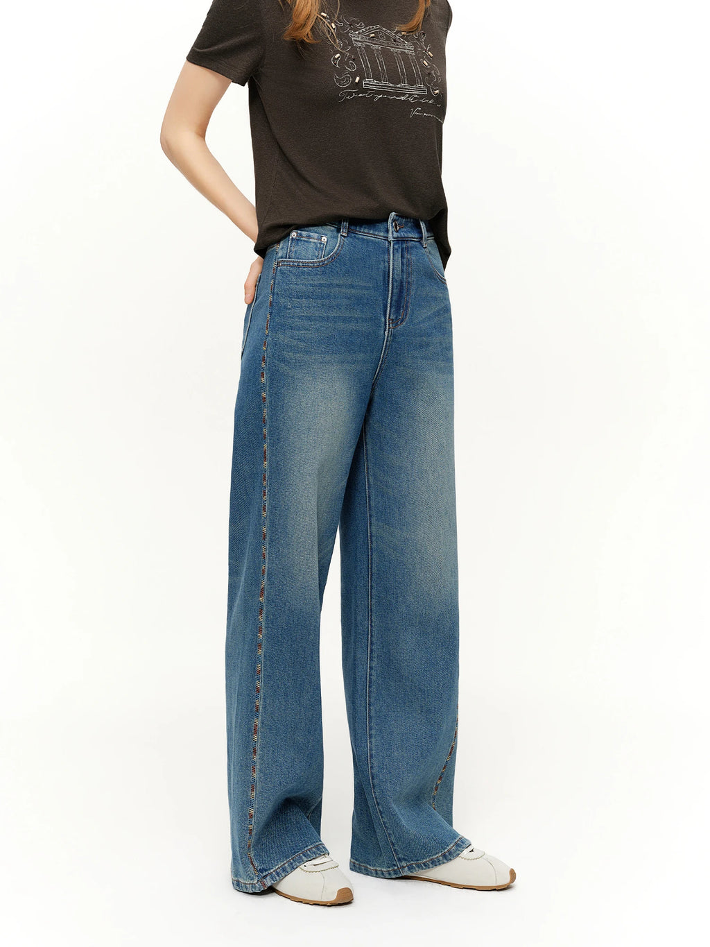 DUSHU 2026 Spring Women's Color Block Embroidered Straight Leg Jeans with Two Length Feature, Mix Match Patchwork Denim Pants
