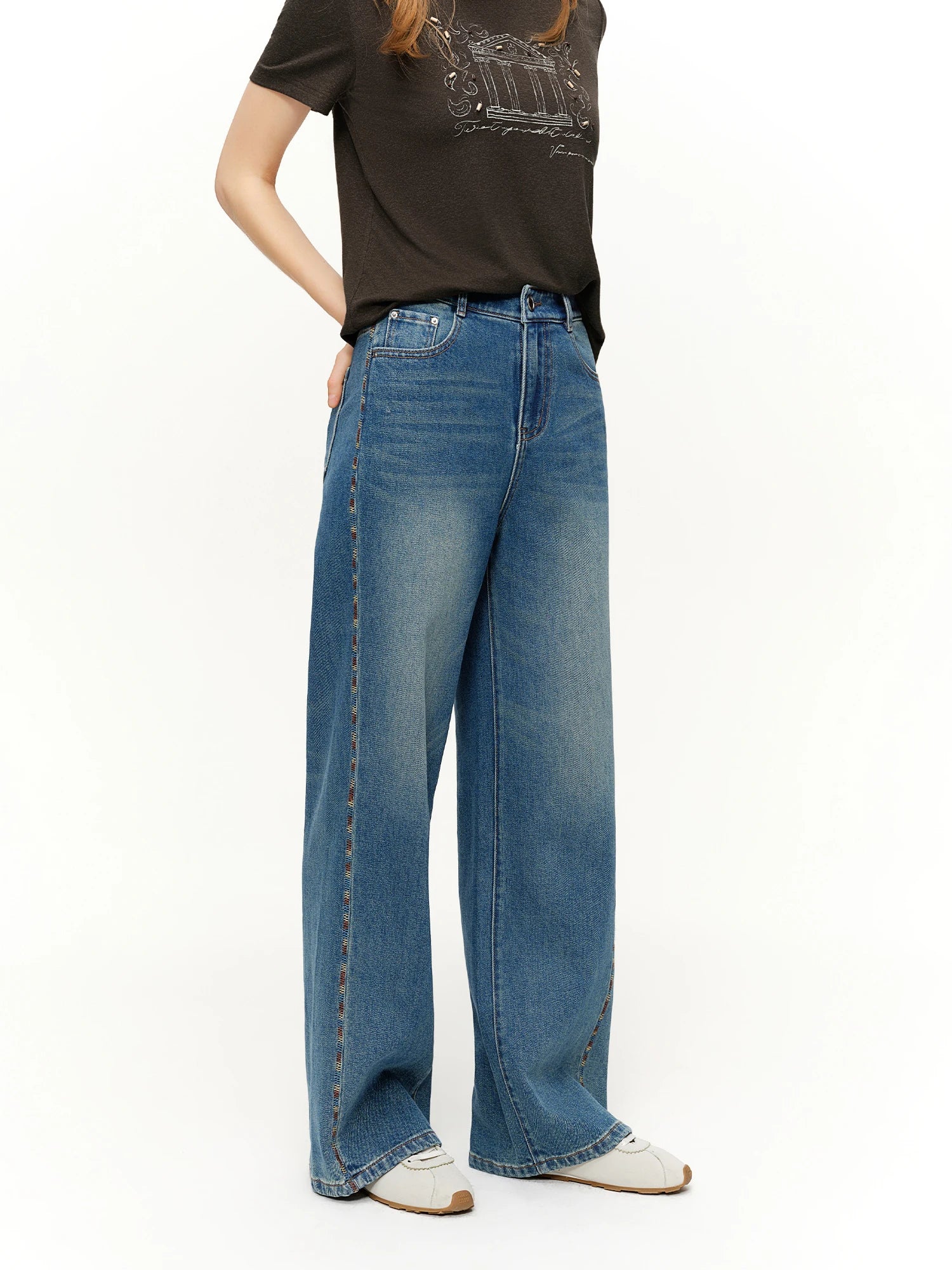 DUSHU 2026 Spring Women's Color Block Embroidered Straight Leg Jeans with Two Length Feature, Mix Match Patchwork Denim Pants