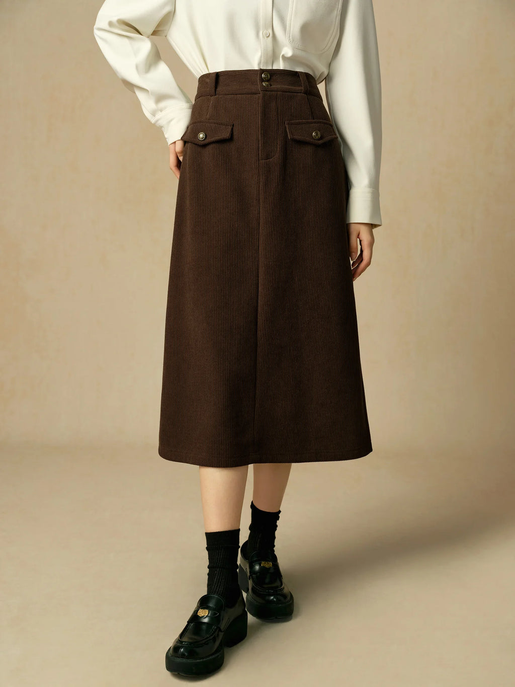 DUSHU【2 Length】Women Winter Corduroy Long Skirt Thicken Lining Fleece Female Brown Mini Skirts Women Skirt 24DS84373+24DS84273