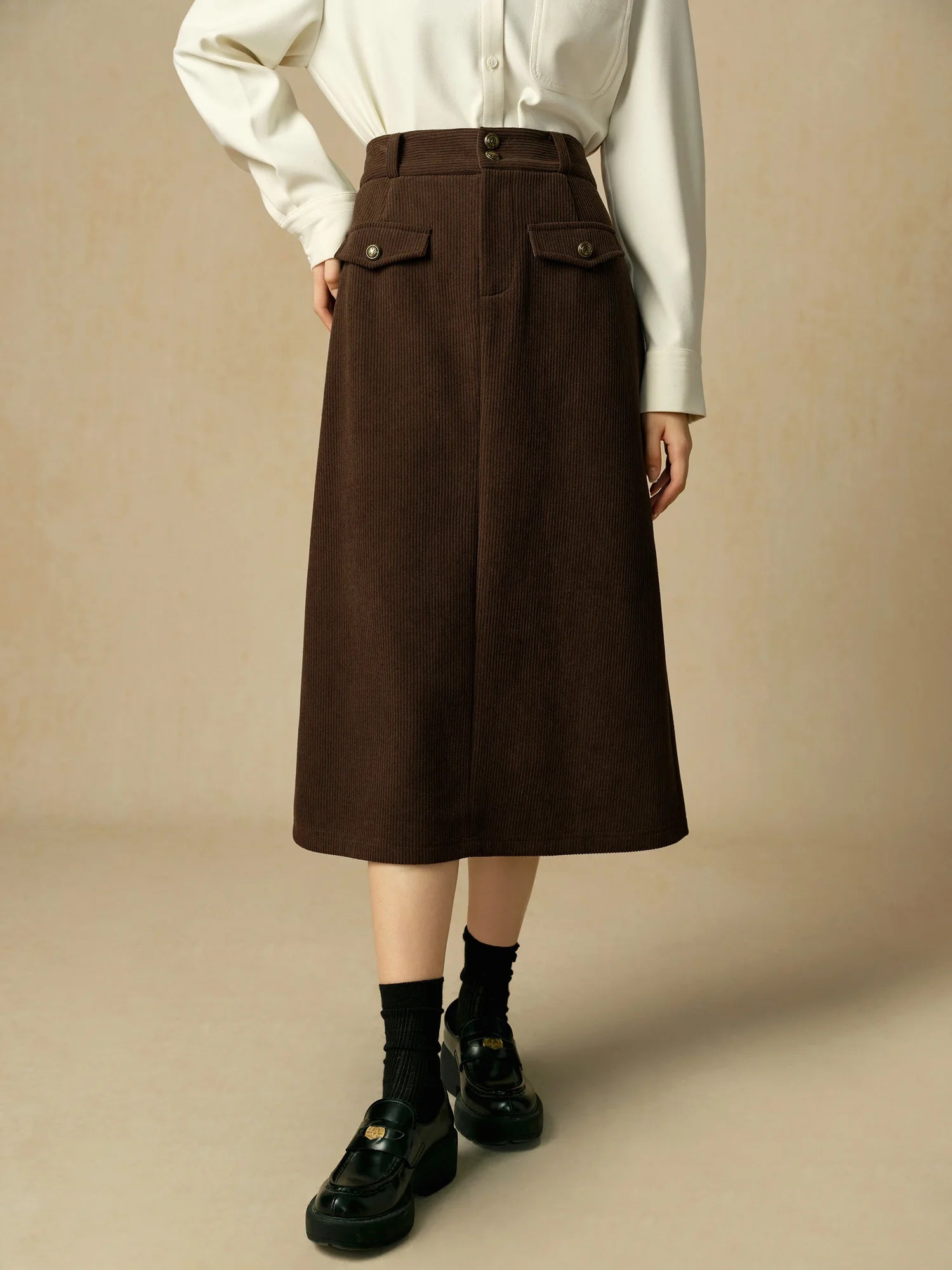 DUSHU【2 Length】Women Winter Corduroy Long Skirt Thicken Lining Fleece Female Brown Mini Skirts Women Skirt 24DS84373+24DS84273