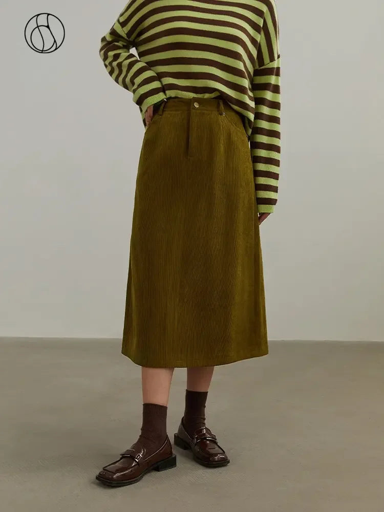 DUSHU Corduroy Retro High Waist Skirt Women Autumn Winter Back Slit Commuter Casual Solid Color Length-option Female Skirts