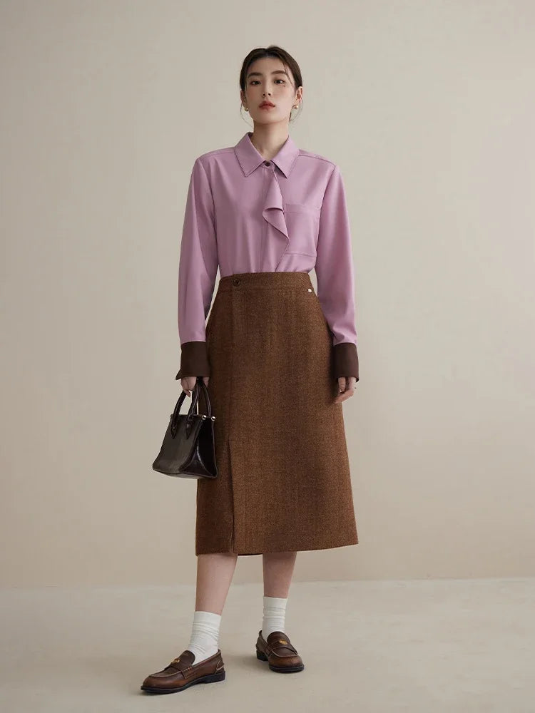 DUSHU 100% Wool Oblique Placket Straight Tube Skirt Versatile Winter Style High Waisted Short Skirt High Waist Solid Skirts