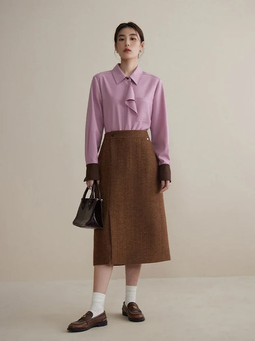 DUSHU 100% Wool Oblique Placket Straight Tube Skirt Versatile Winter Style High Waisted Short Skirt High Waist Solid Skirts