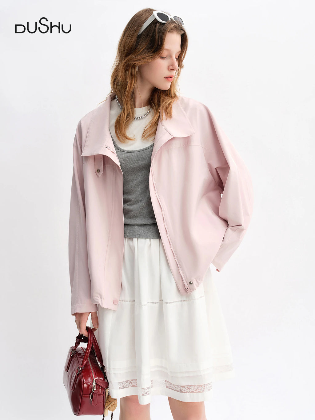 DUSHU Autumn 2025 Women's Pink Cropped Jacket - Relaxed Fit Drawstring Hem Casual Short Outerwear Lightweight Windbreaker Top