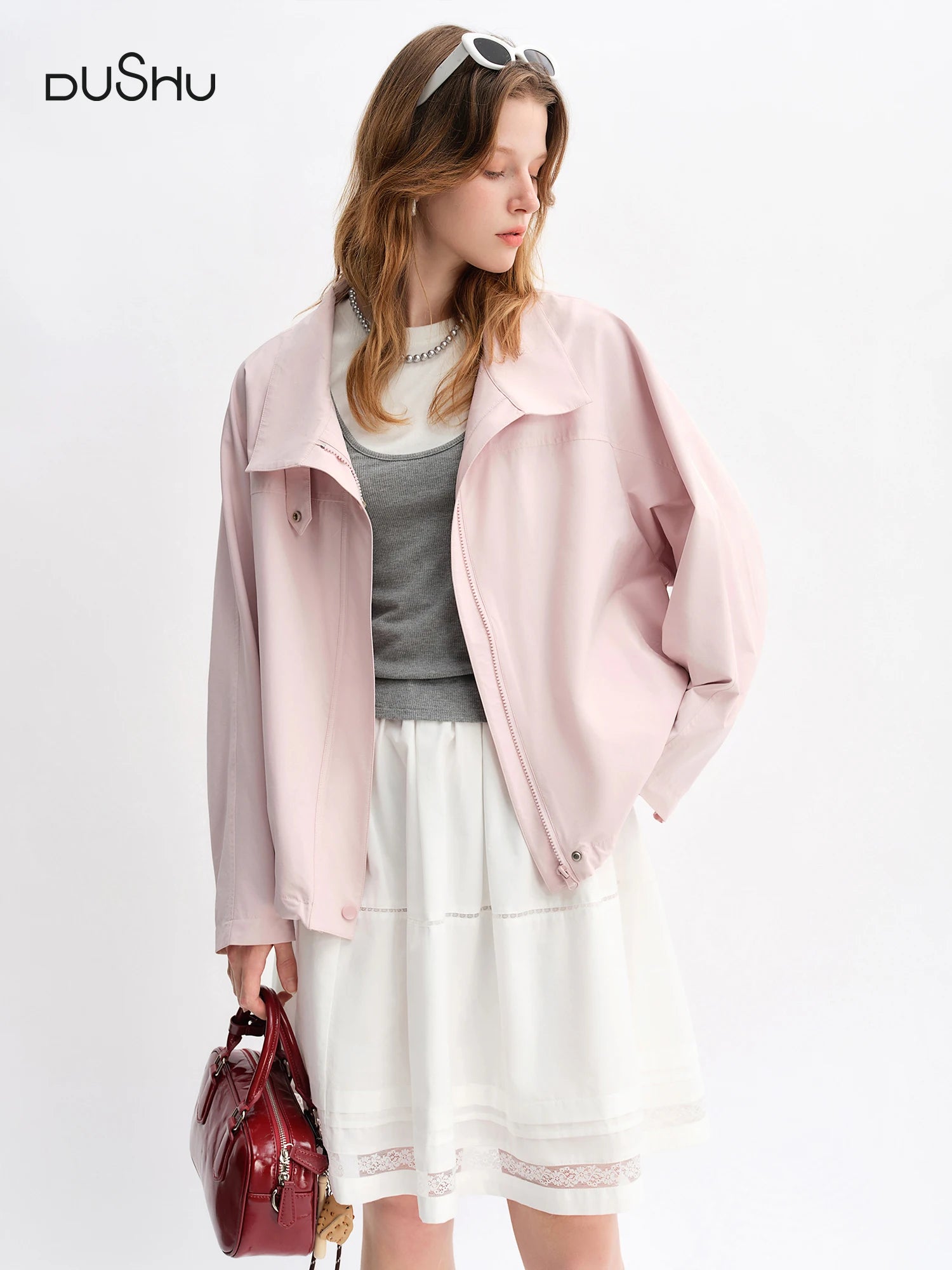 DUSHU Autumn 2025 Women's Pink Cropped Jacket - Relaxed Fit Drawstring Hem Casual Short Outerwear Lightweight Windbreaker Top