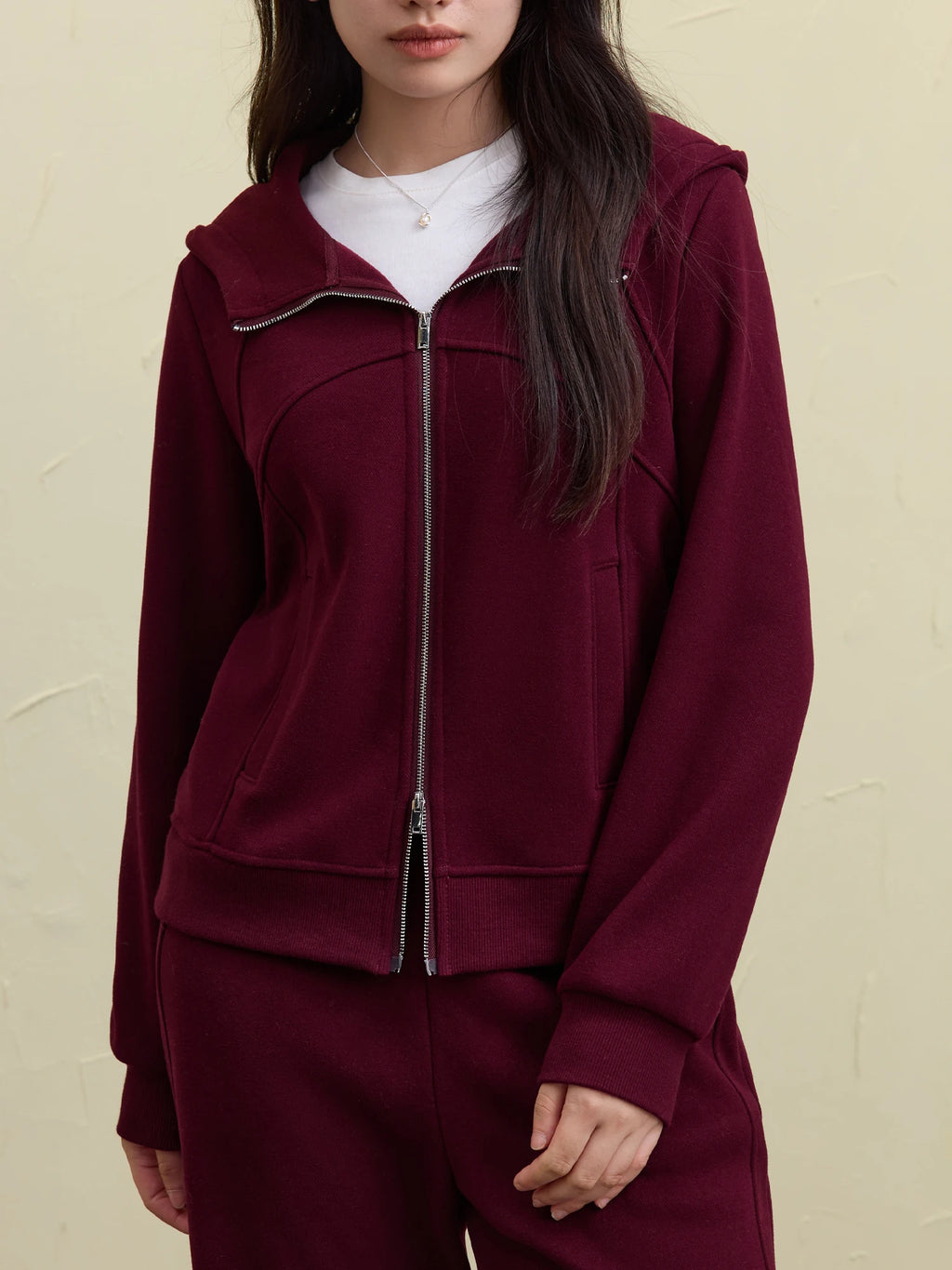 DUSHU Women Sweatshirt Pant Sets Dark Red Hoodies Coat Elastic Waist Long Trousers Apricot Winter Thick Sets 24DS84596＋24DS84618