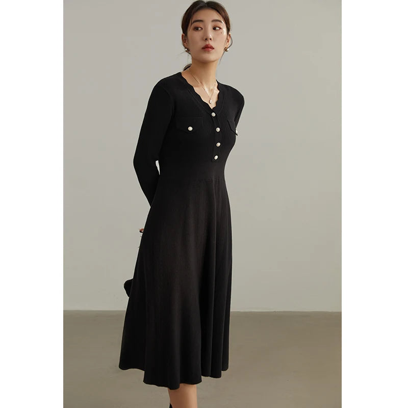 DUSHU Elegant Temperament Knitted Dress Women Autumn Winter 2022 New Base Skirt Office Lady V-neck Bottoming Long Dress Female
