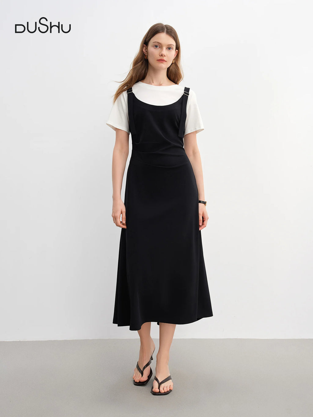 DUSHU Summer 2025 Drop Shoulder Dress - Contrast Panels Fluid Hem Resort to Office Elegant Two Tone Midi Maxi