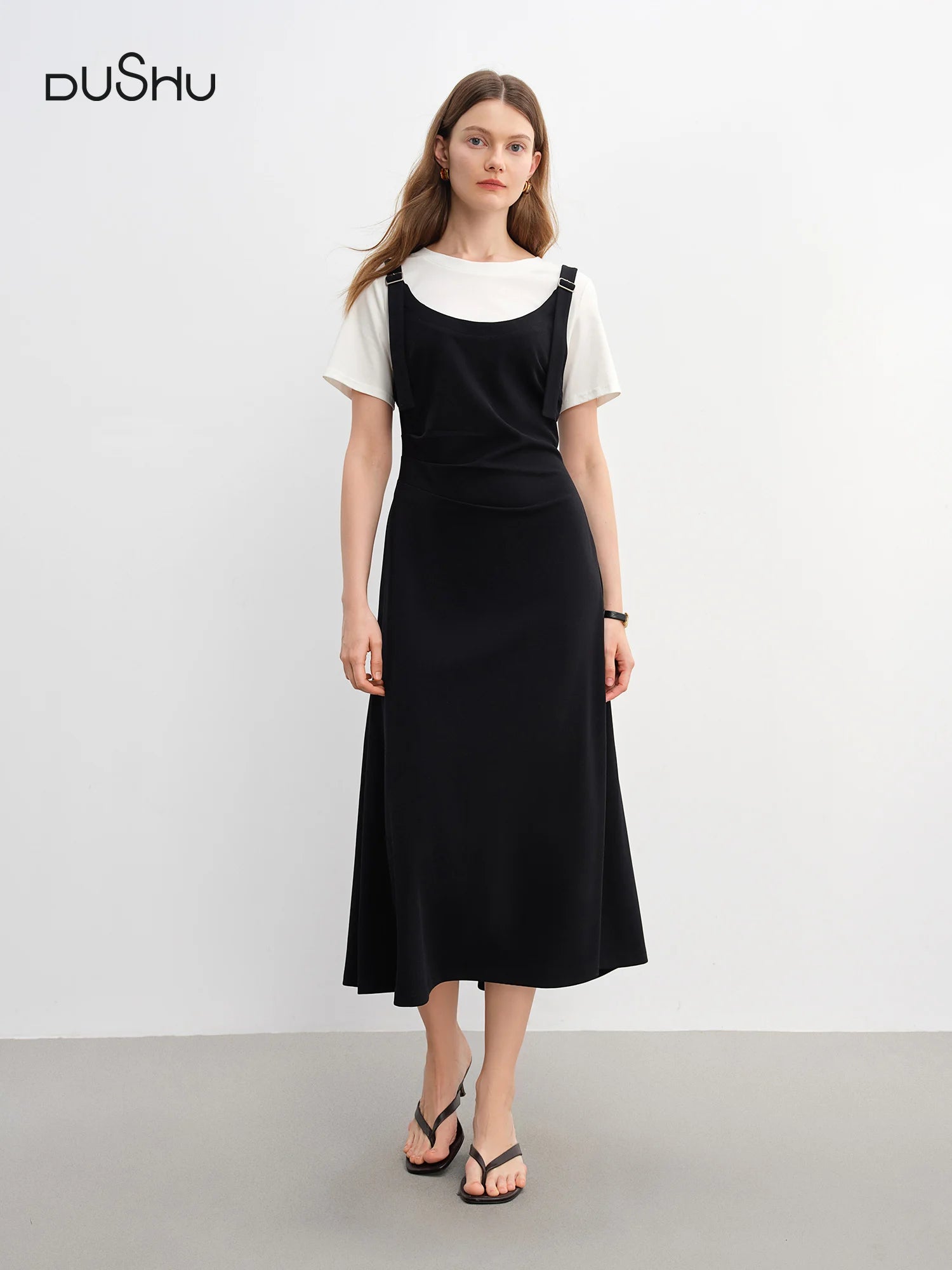 DUSHU Summer 2025 Drop Shoulder Dress - Contrast Panels Fluid Hem Resort to Office Elegant Two Tone Midi Maxi