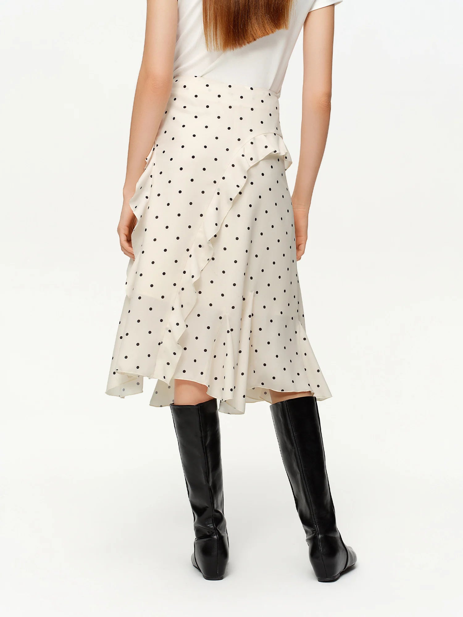 DUSHU Irregular Ruffle Polka Dot Midi Skirt New Spring High-waisted A-line Skirt for Commuting Knee-length Trendy Korean Style