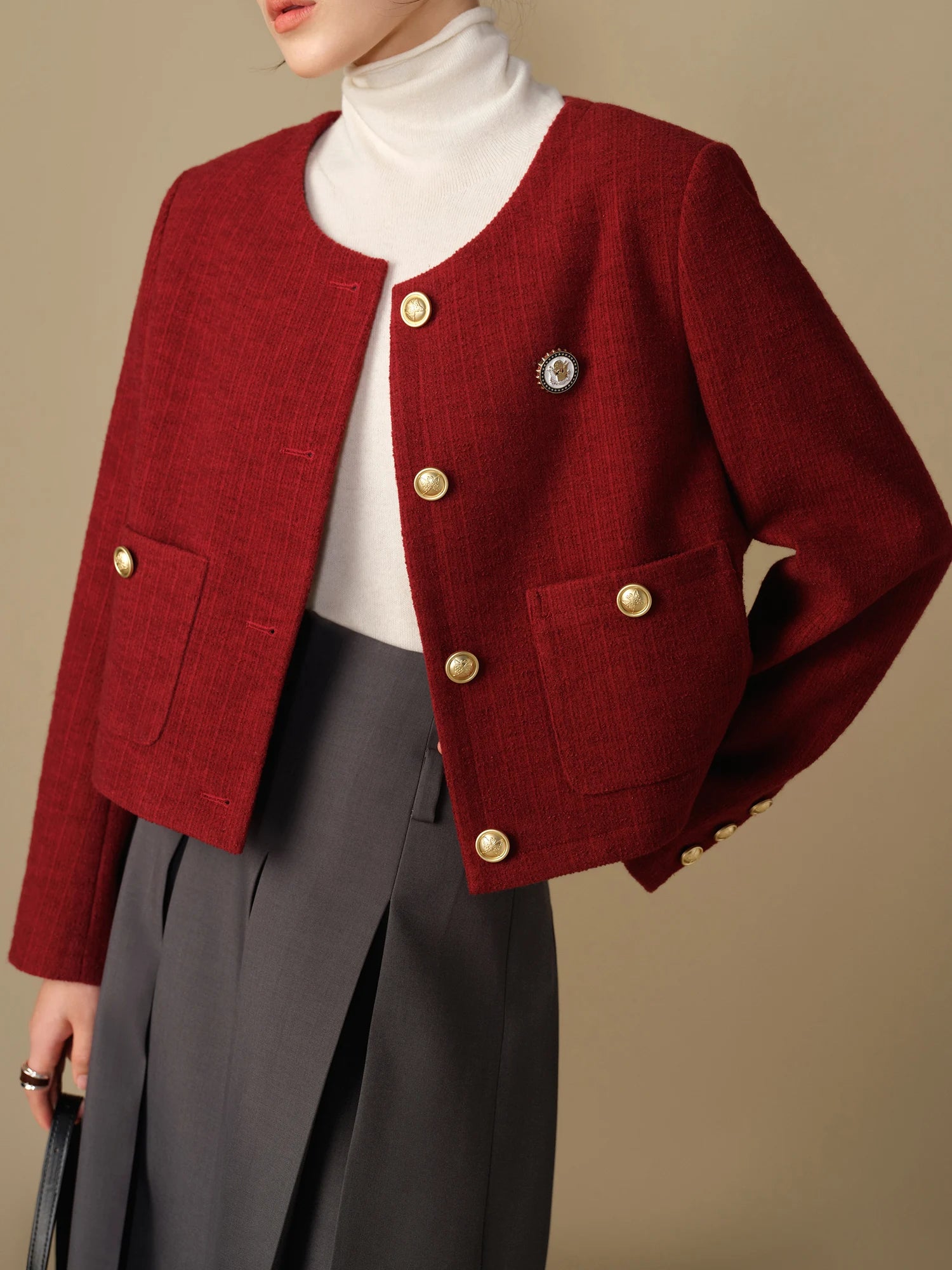 DUSHU Women Red Tweed Jackets Round Neck Single Breasted Winter New Navy Blue Female Winter Thicken Tweed Coats 24DS84286
