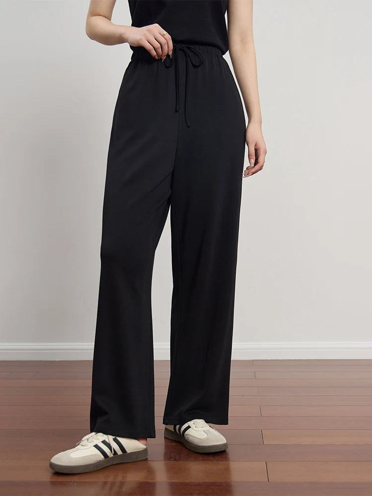 DUSHU Casual Long and Short Code Elastic Waist Design Loose Straight Leg Pants for Women Autumn New All-match Solid Color Pants