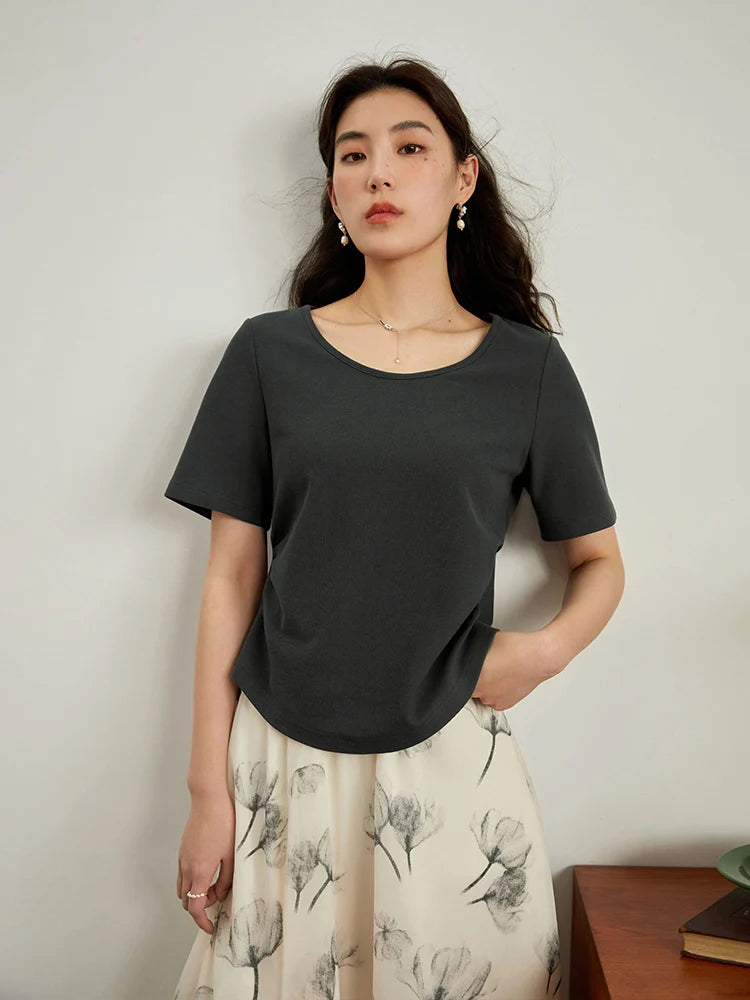 DUSHU Simple Round Neck Short-sleeved T-shirt for Women Summer New All-match Slim Thin Solid Color Short Top for Female