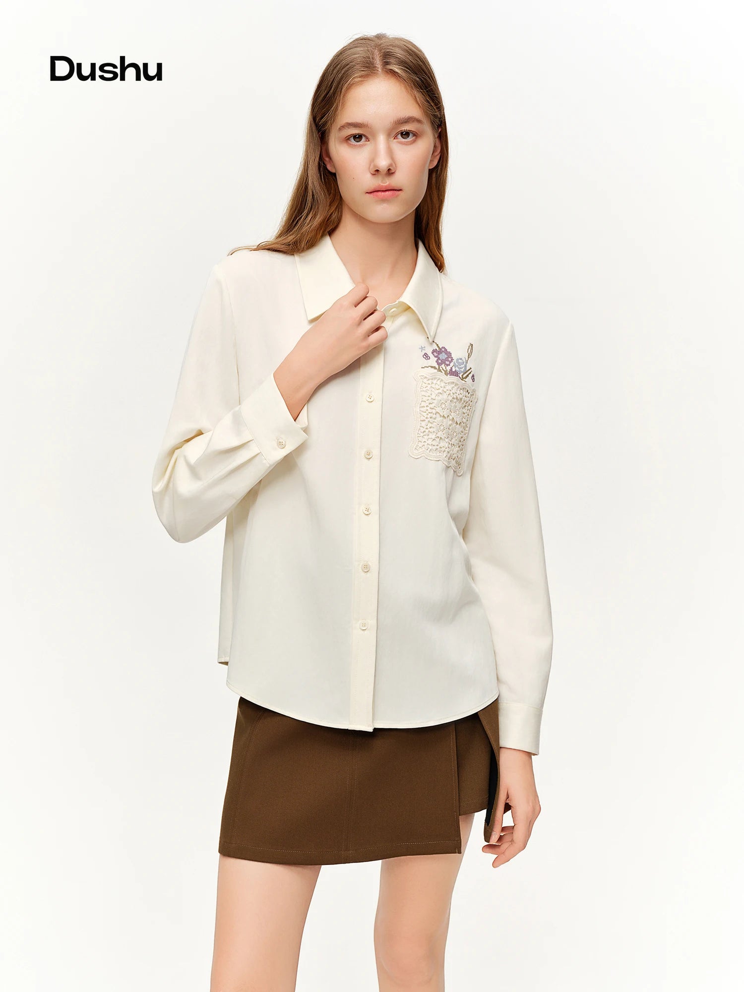 DUSHU 2026 New Spring Women's French Lazy Embroidered Blouse, White Lace Office Chic Shirt for Coquette Chic Cottagecore Style