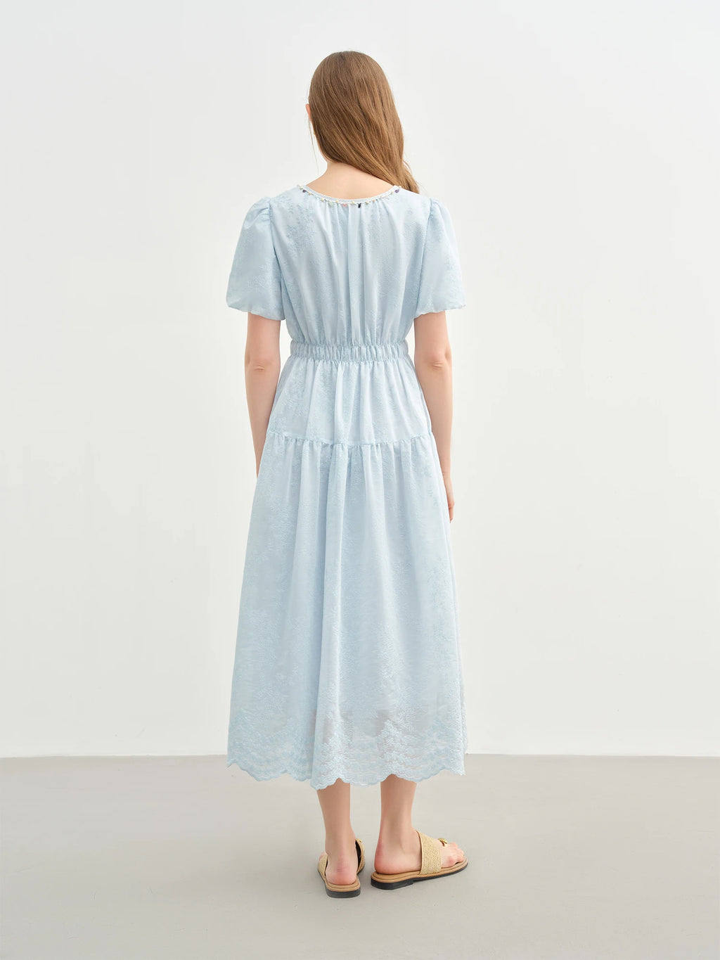 DUSHU Holiday Season Women Embroidered Long Dress 2025 Summer New Arrival Lantern Puff Sleeve High Waist Slim Dress 25DS82746