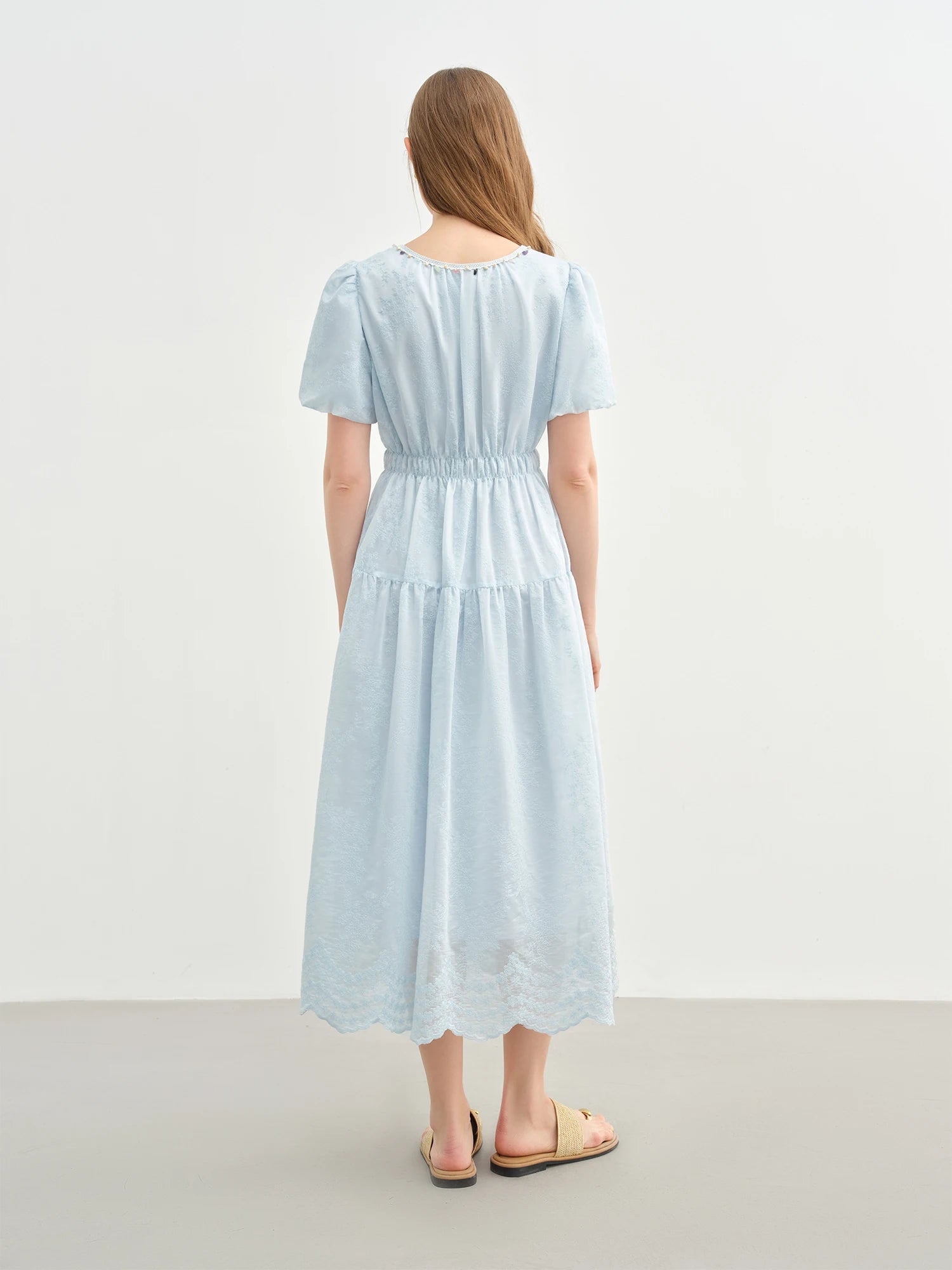 DUSHU Holiday Season Women Embroidered Long Dress 2025 Summer New Arrival Lantern Puff Sleeve High Waist Slim Dress 25DS82746