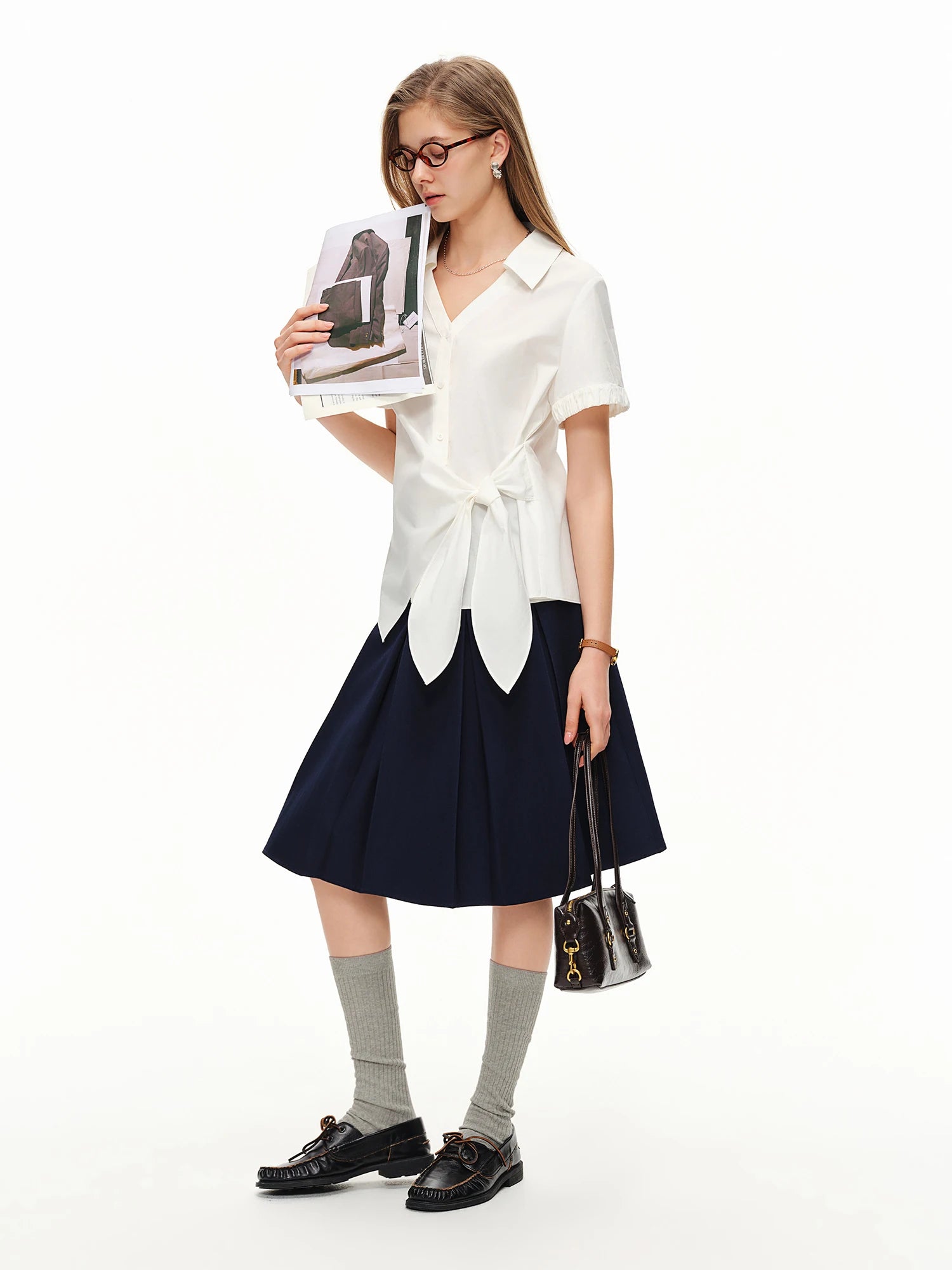 DUSHU Color-blocked Drawstring Midi Skirt New Summer Korean Style High-waisted Slimming A-line Pleated Skirt College All-match