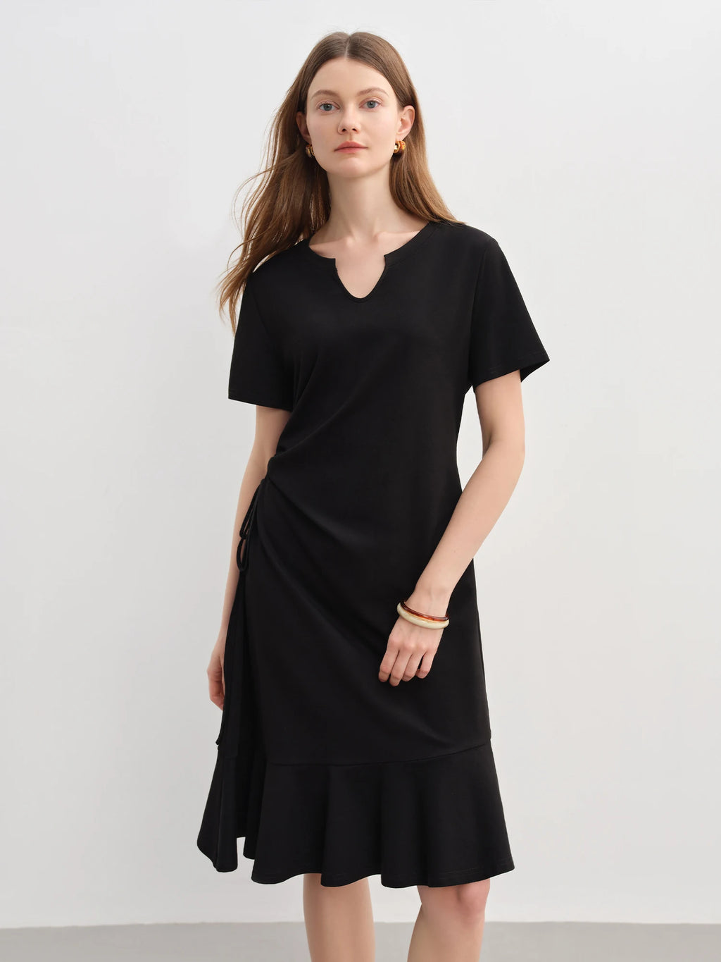 DUSHU 2025 Summer Women's V-Neck Drawstring Waist Dress - Elegant Casual Flowy A-Line Midi Length