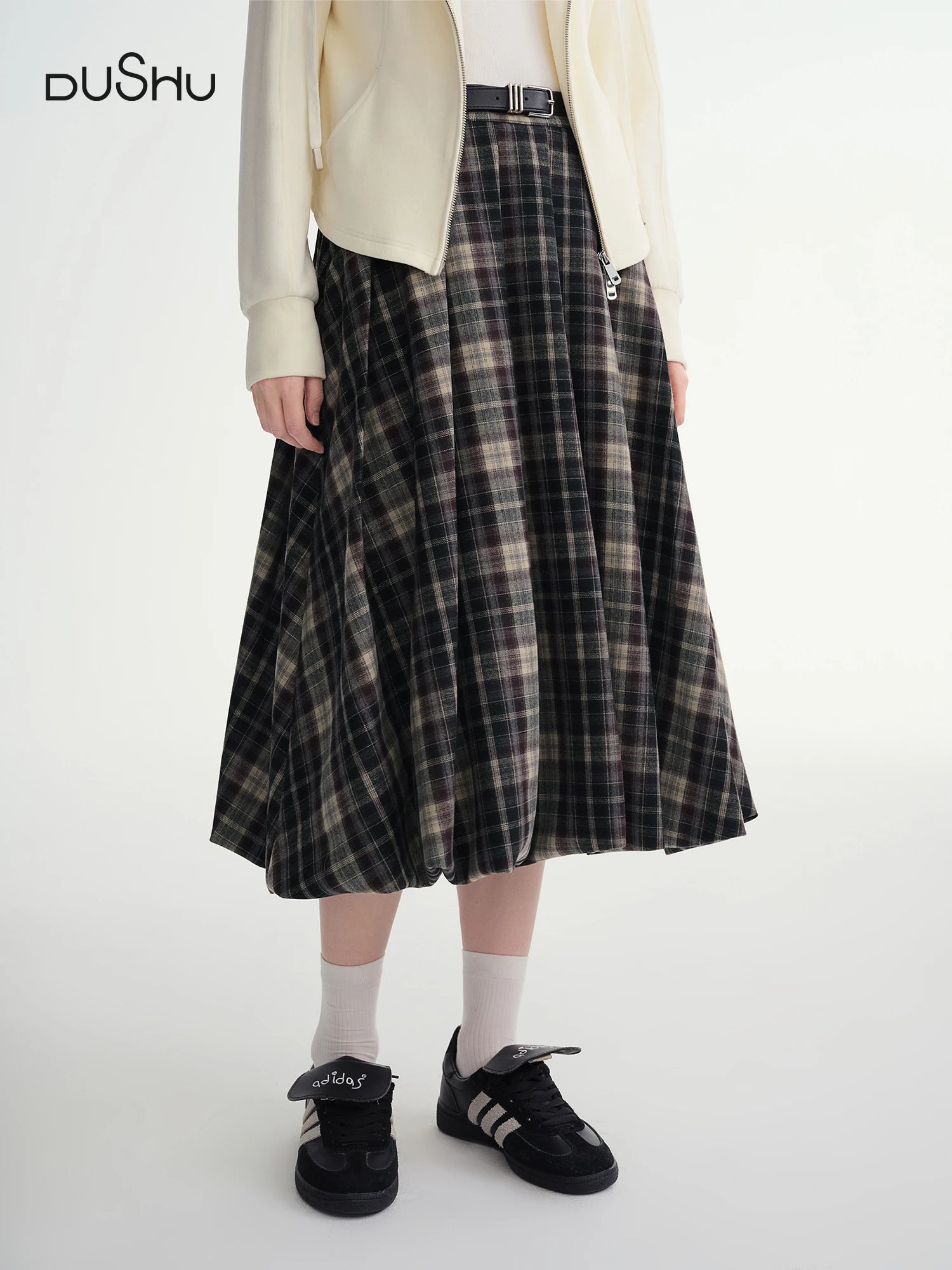 DUSHU Brown Retro Plaid Skirt Women 2025 New Bud A-line Skirt Pleated Mid-calf Length Winter British Style Trendy Streetwear BF