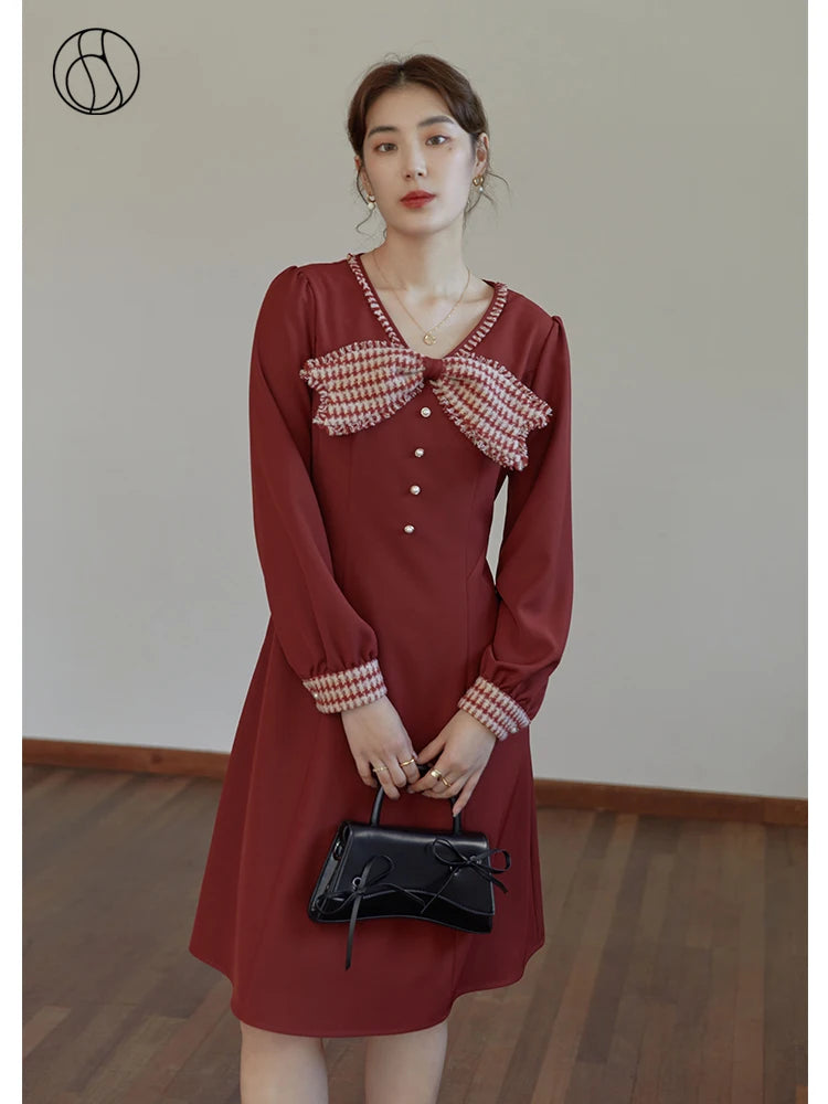 DUSHU Women's Winter Retro Red Stitching Dress Long Polo Neck Belt A-line Skirt Women Bow Neckline Design Thick Bottoming Dress