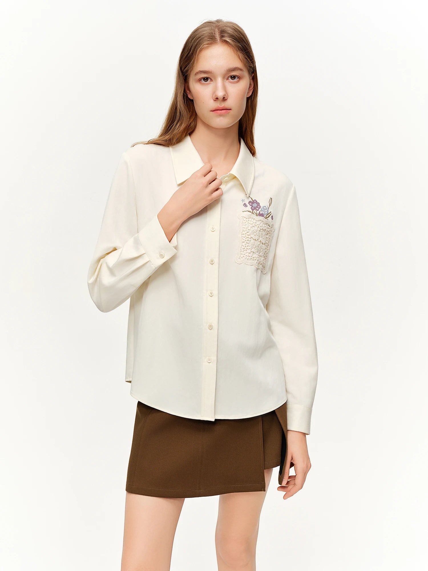 DUSHU 2026 New Spring Women's French Lazy Embroidered Blouse, White Lace Office Chic Shirt for Coquette Chic Cottagecore Style