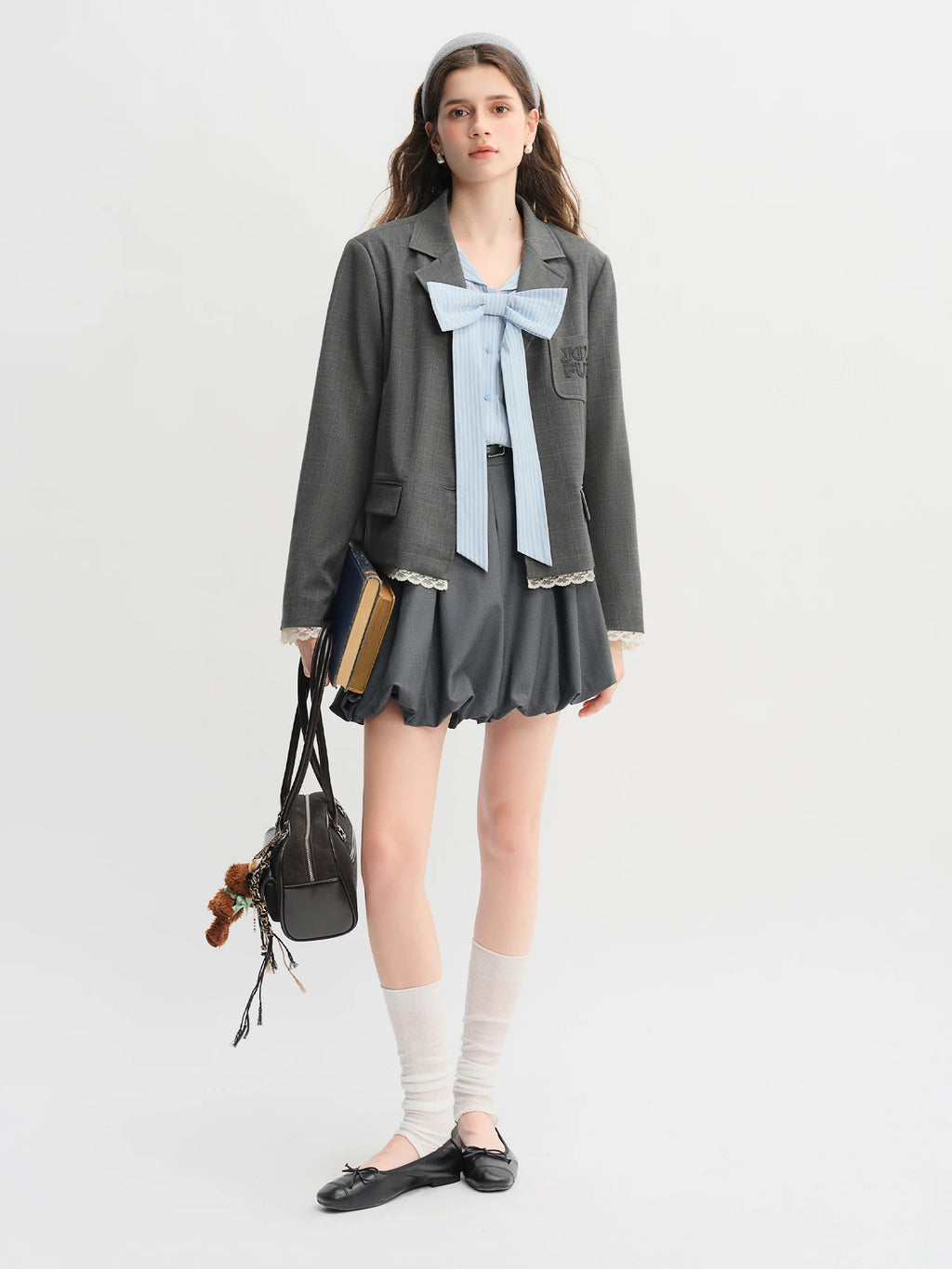DUSHU Plus Size Women's Navy Collar Bow-Decorated Striped Shirt Dress 2025 Autumn Collection Gentle Youthful Style 25DS83218
