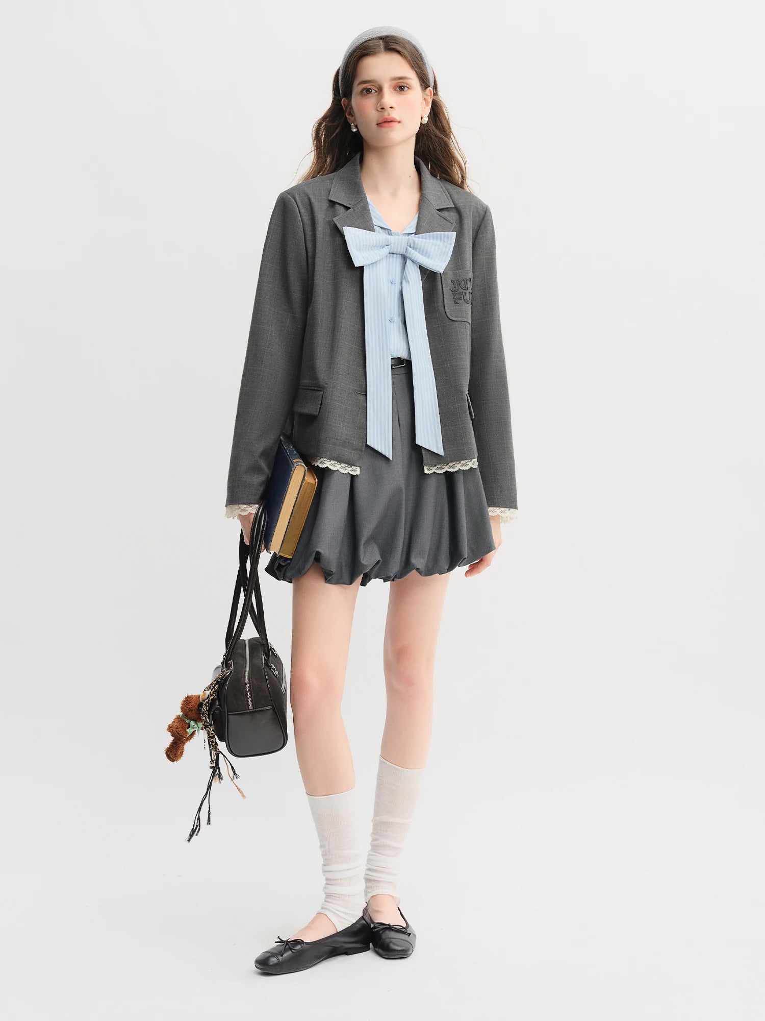 DUSHU Plus Size Women's Navy Collar Bow-Decorated Striped Shirt Dress 2025 Autumn Collection Gentle Youthful Style 25DS83218