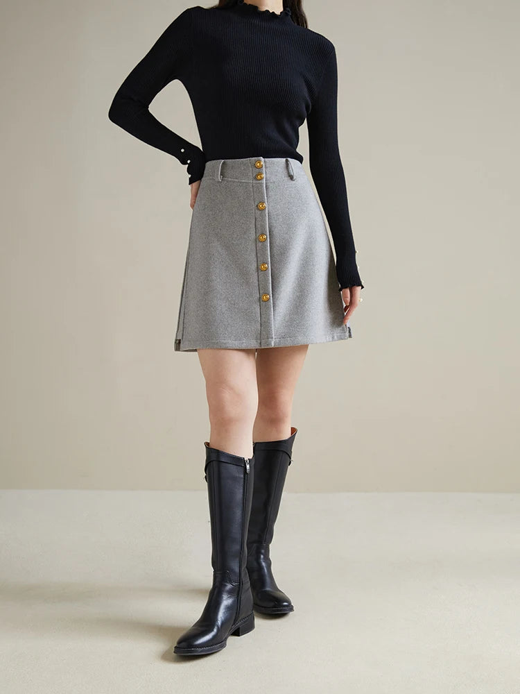 DUSHU Simple Style Elegant 53% Wool A-line Skirt for Women New Winter High-waist Slimming Temperament Mini-skirts Female
