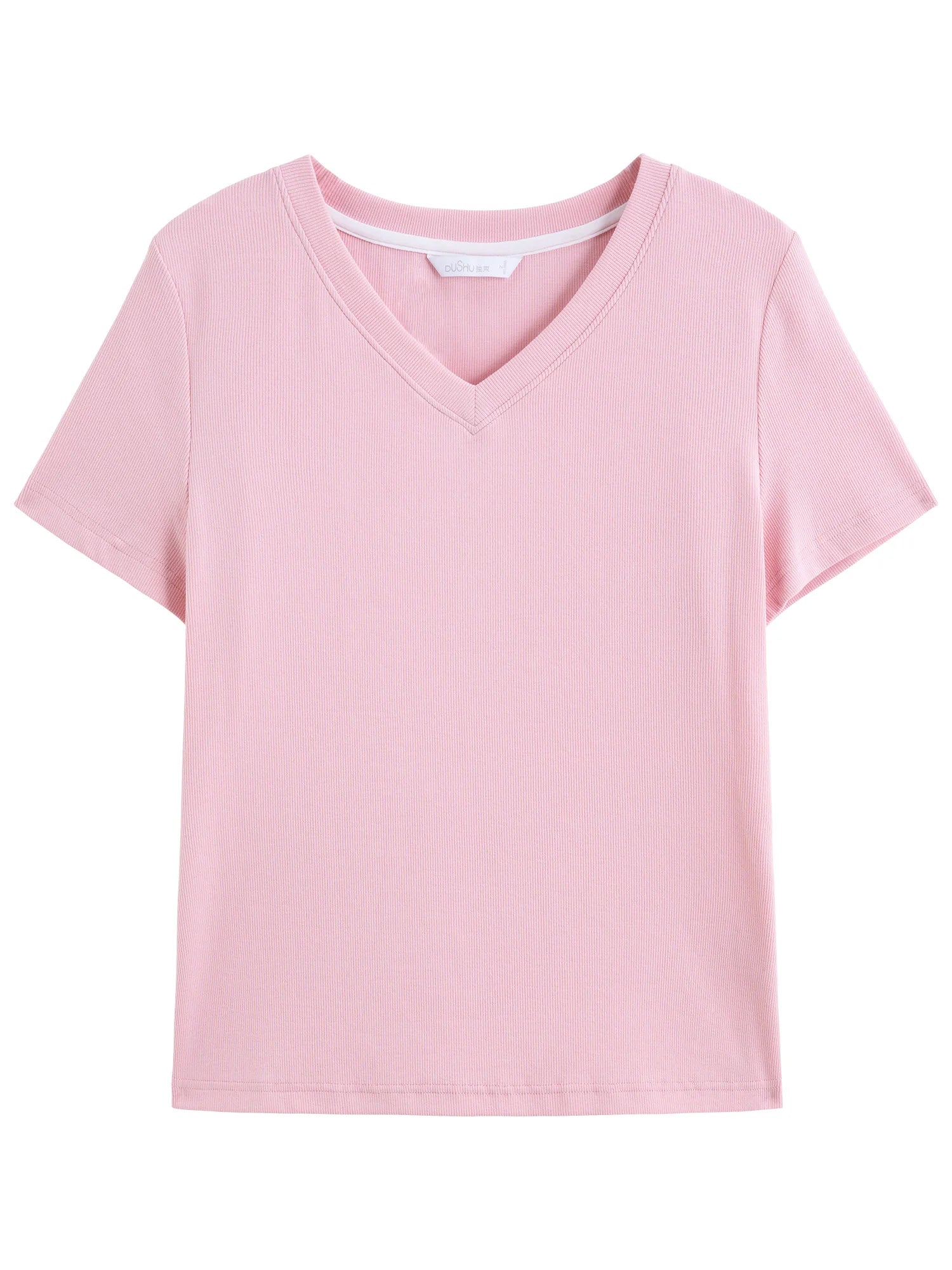 DUSHU Women High-Stretch Structured Shoulder V/U Neck Tee 2025 Summer Casual T-Shirt Elastic Cotton Y2K Fashion New Arrival