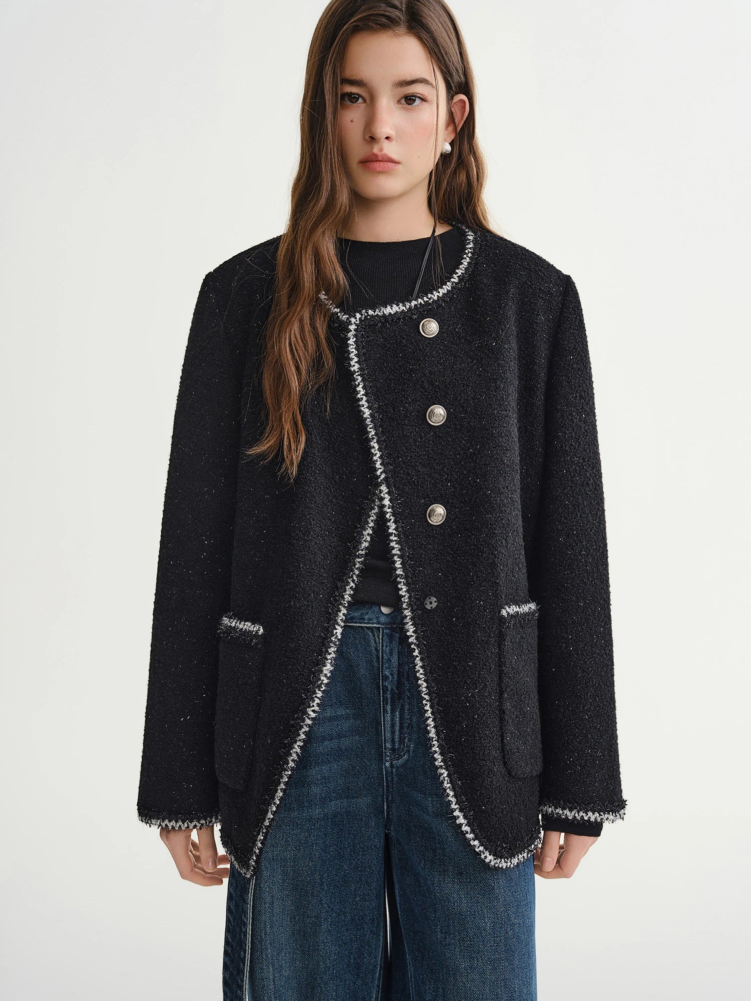 DUSHU Black Elegant Round Neck Jacket Winter New Wool Shoulder Short Jacket European Style Trendy Chic Commuting Office Simple