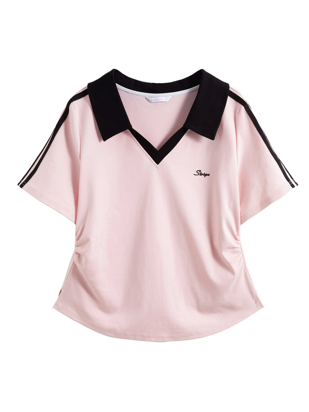 DUSHU Women Summer V-Neck Turn-down Collar Pink T-Shirt Letter Printing Female Slim Cotton Short Sleeve Tops Beige Tee 25DS82118
