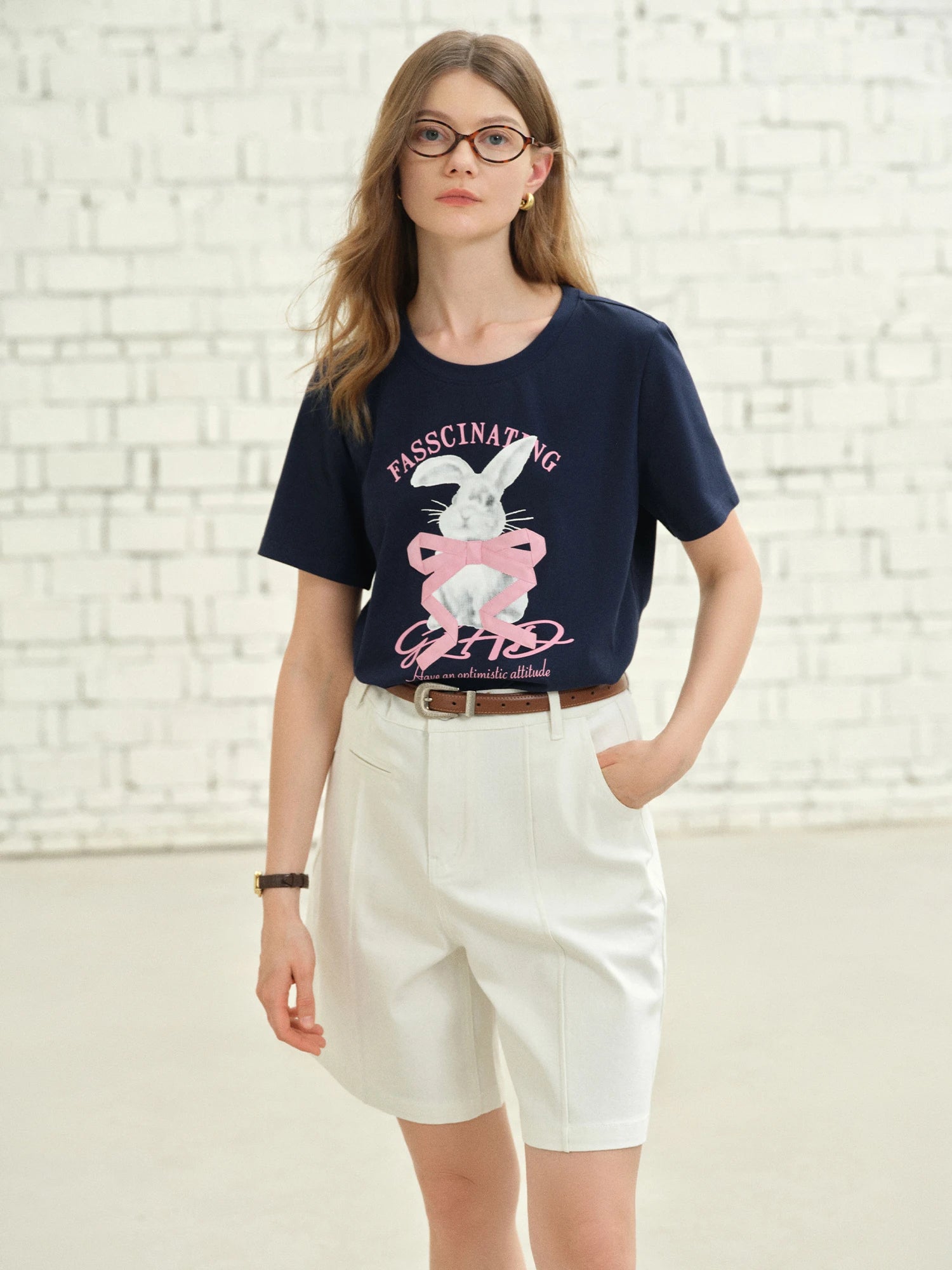 DUSHU Plus-size Women 2035 Summer New Style Tees Pixel Rabbit Print Short-sleeve T-shirt with Handmade Bow Ribbon Tees 25DS82361