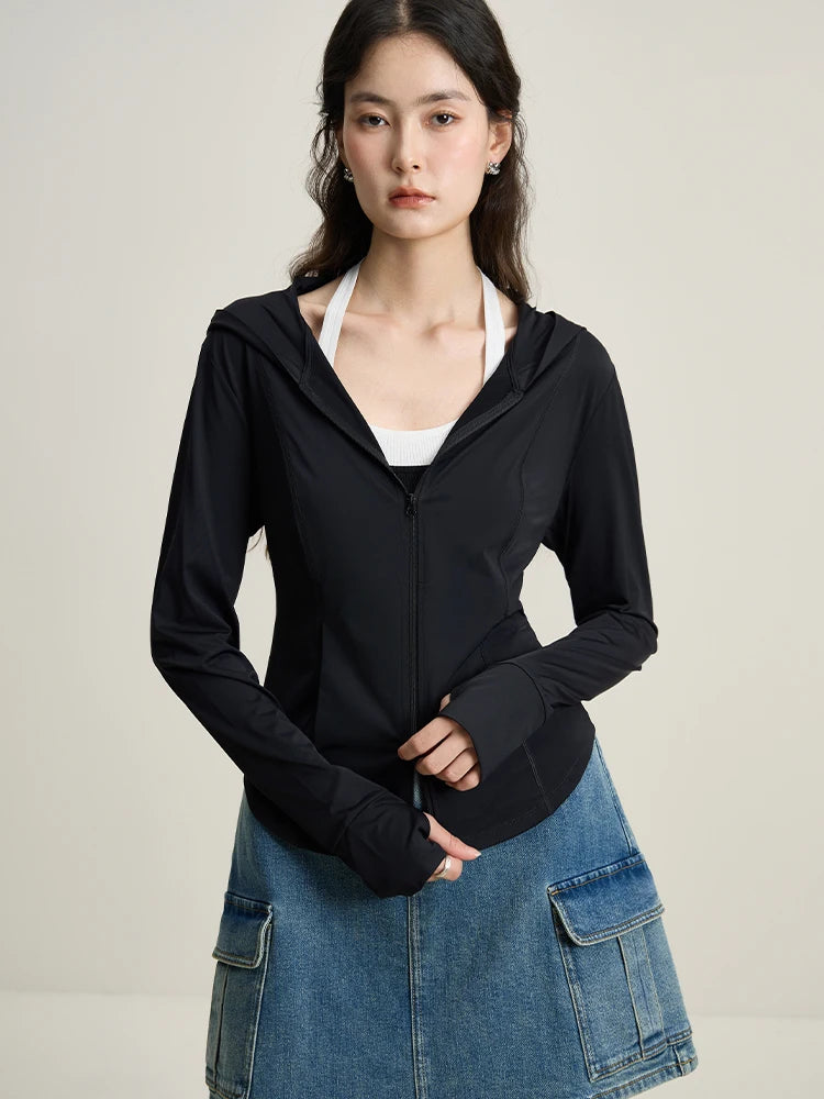 DUSHU 【4 Colors】Slim Cool Sun Protection Women Long Sleeve Coats Double-ended Zipper Curved Hem Stretch Sun Clothes 24DS82312