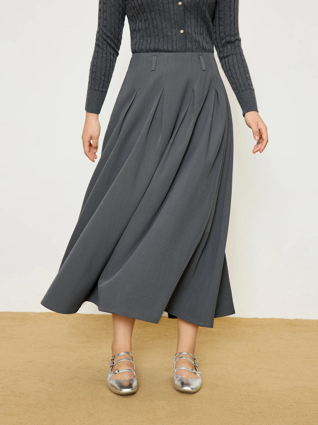 DUSHU Women's Pleated High Waist Skirt 2025 Spring New Design College Style Fashion All-match A-line Umbrella Skirt 25DS81053