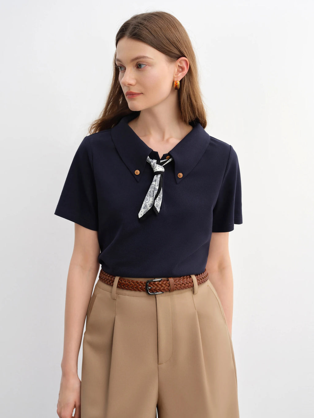 DUSHU Plus Size Women Waistflower Scarf Pattern Short Sleeve Polo Collar T-Shirt New 2025 Arrival Relaxed Fit 25DS82918