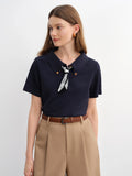 DUSHU Plus Size Women Waistflower Scarf Pattern Short Sleeve Polo Collar T-Shirt New 2025 Arrival Relaxed Fit 25DS82918
