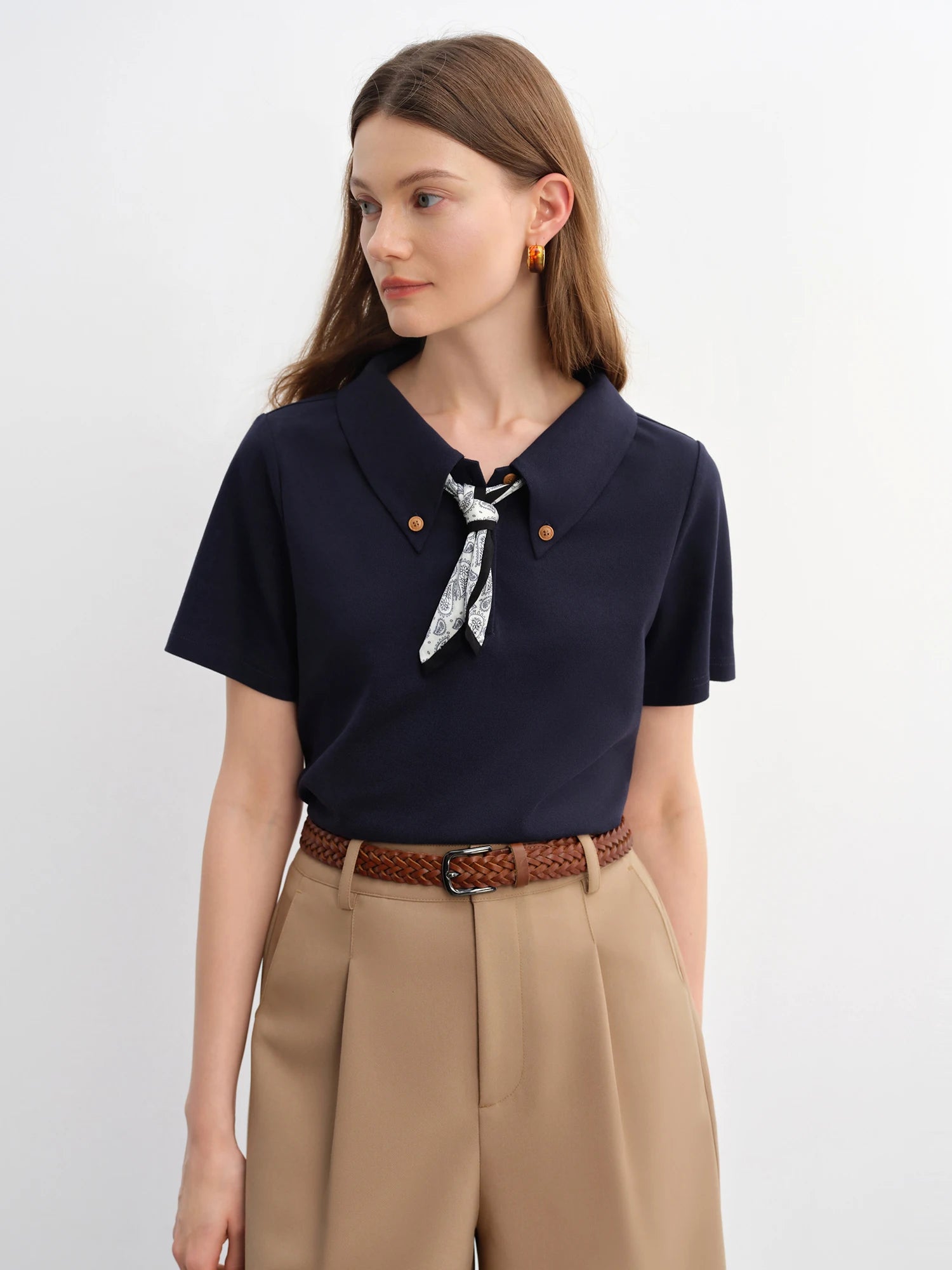 DUSHU Plus Size Women Waistflower Scarf Pattern Short Sleeve Polo Collar T-Shirt New 2025 Arrival Relaxed Fit 25DS82918