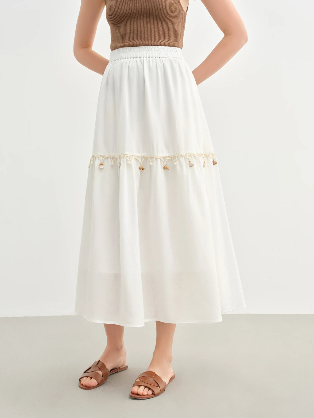 DUSHU Holiday Style Women Wave Playful Skirt Shell Lace Travel Long Skirt 2025 New Arrival A-line Umbrella Skirt 25DS82748
