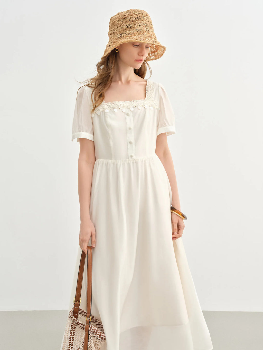 DUSHU Holiday Wave Playful Skirt Summer Travel Midi-length Dresses Lace Ribbon Square Neck Dress 25DS82742