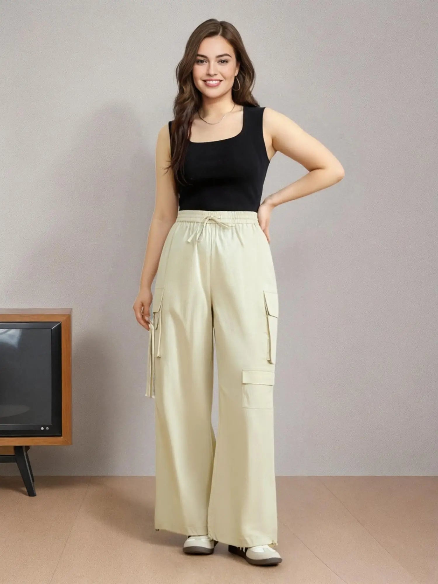 DUSHU Plus Size American Style Cargo Casual Pants Women's 2025 Spring New High Waist Design Straight Wide Leg Pants 25DS81246