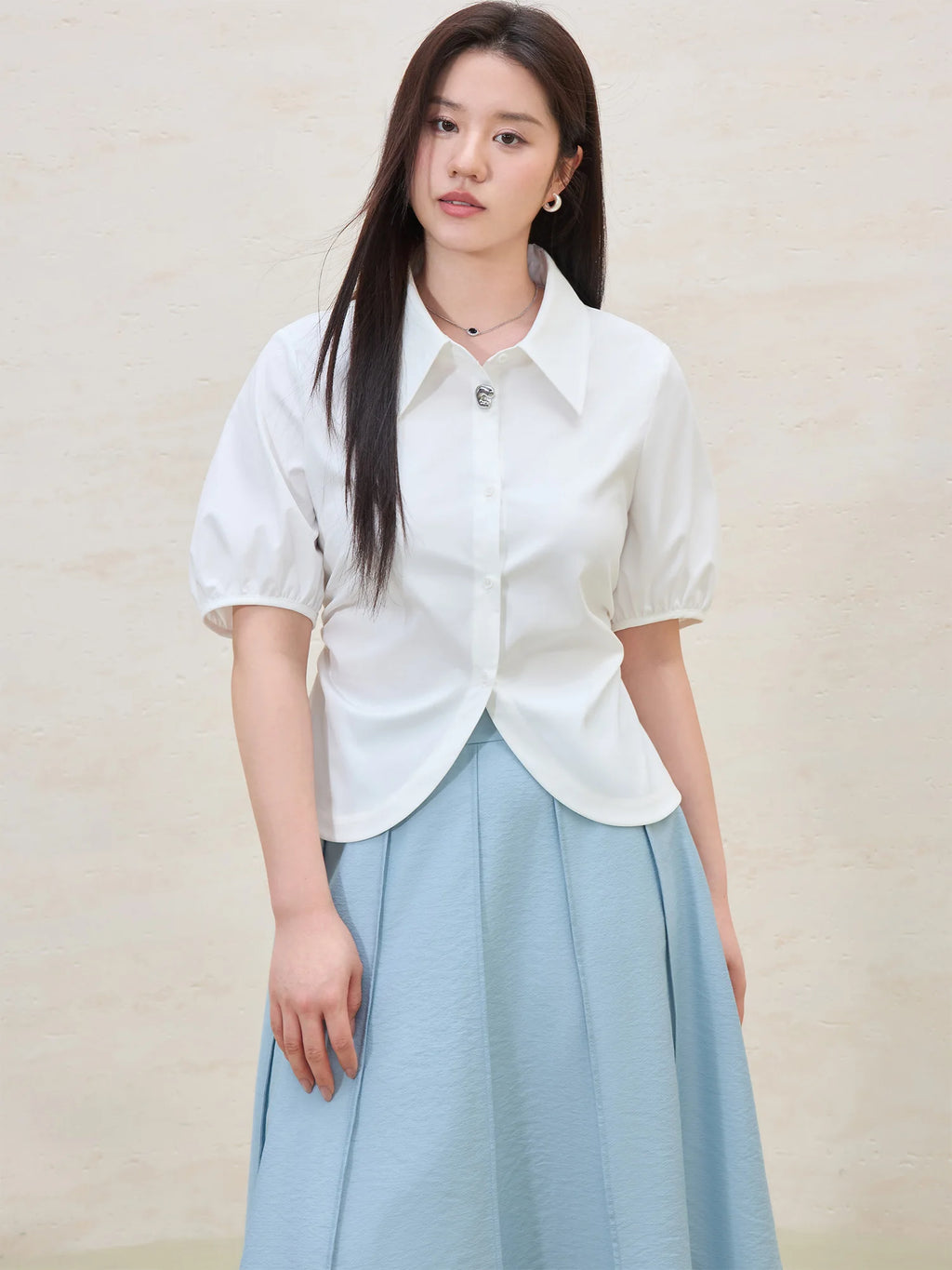 DUSHU Gentle Elegant Temperament Short-sleeved Shirt 2025 Summer New Style Straight Shoulder Slim All-match Casual Top 25DS82164