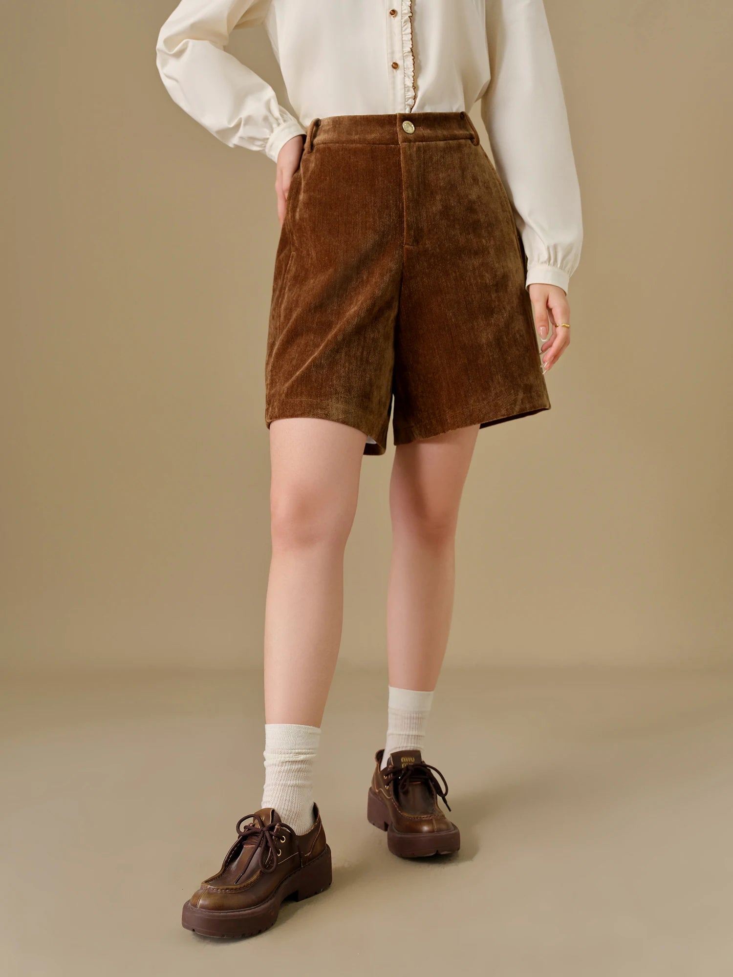 DUSHU Plus Size Vintage Style Straight Pants for Women2024 Winter New Design Versatile Casual Commuter Chic Shorts 24DS84255