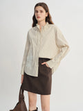DUSHU Plus Size Women's French Style Long-sleeved Ribbon Shirt 2025 Autumn New Arrival Striped Shirt Lace Patch Design Chic Top