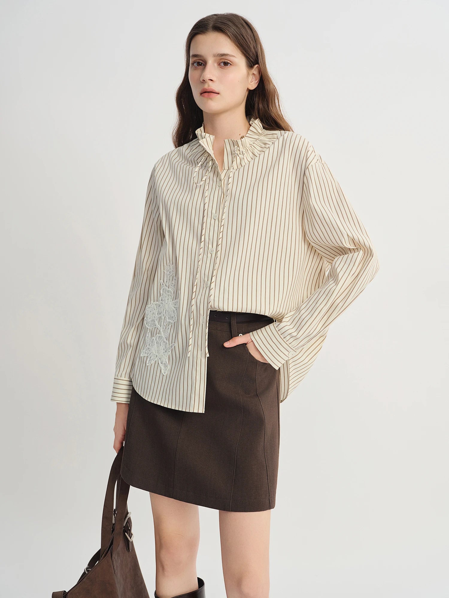 DUSHU Plus Size Women's French Style Long-sleeved Ribbon Shirt 2025 Autumn New Arrival Striped Shirt Lace Patch Design Chic Top