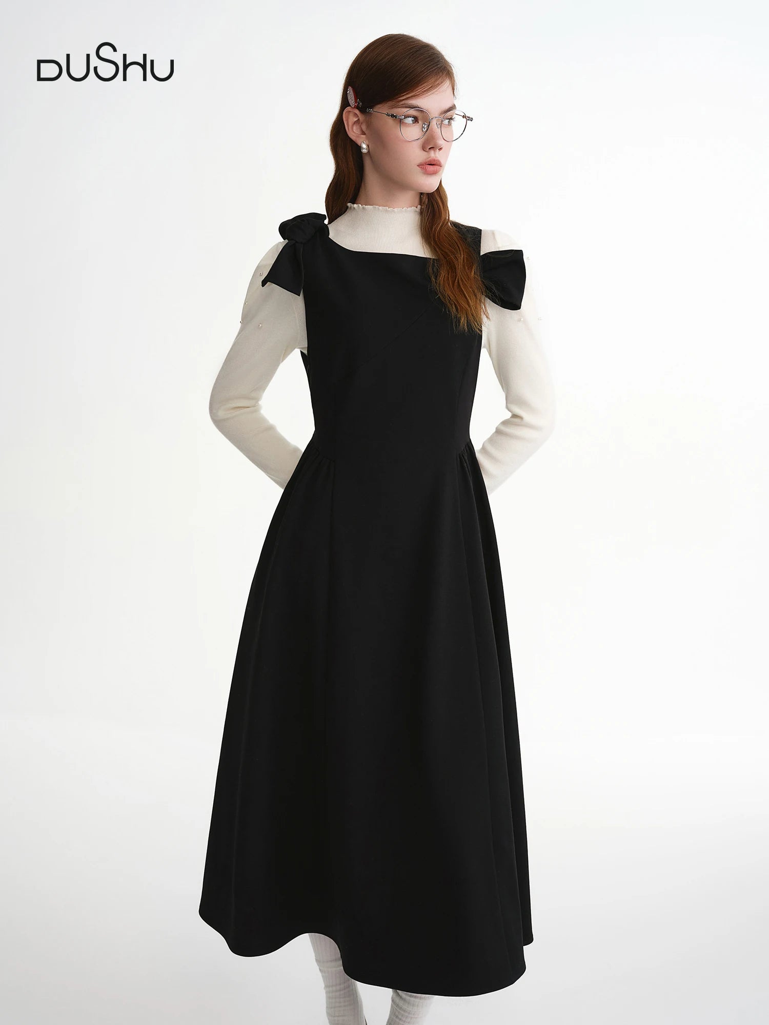 DUSHU 2025 Winter Women's Bow Detail Party Wear Dress for Office - Elegant Bowknot Cocktail Dress with Long Sleeves and A-Line