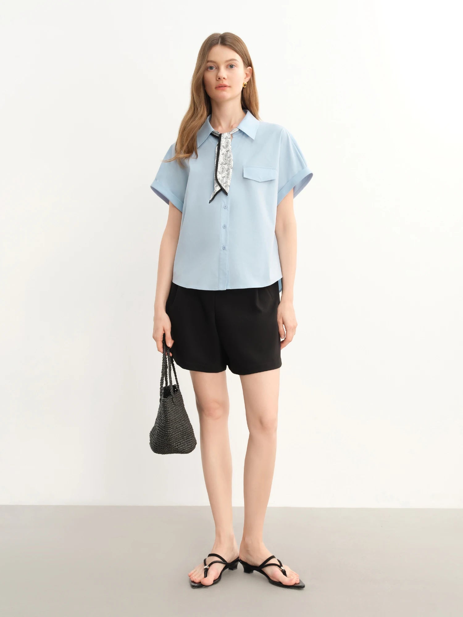 DUSHU Design Sense Ribbon Short-sleeved Shirt 2025 Summer New Ultra-thin Temperament Top 25DS82914